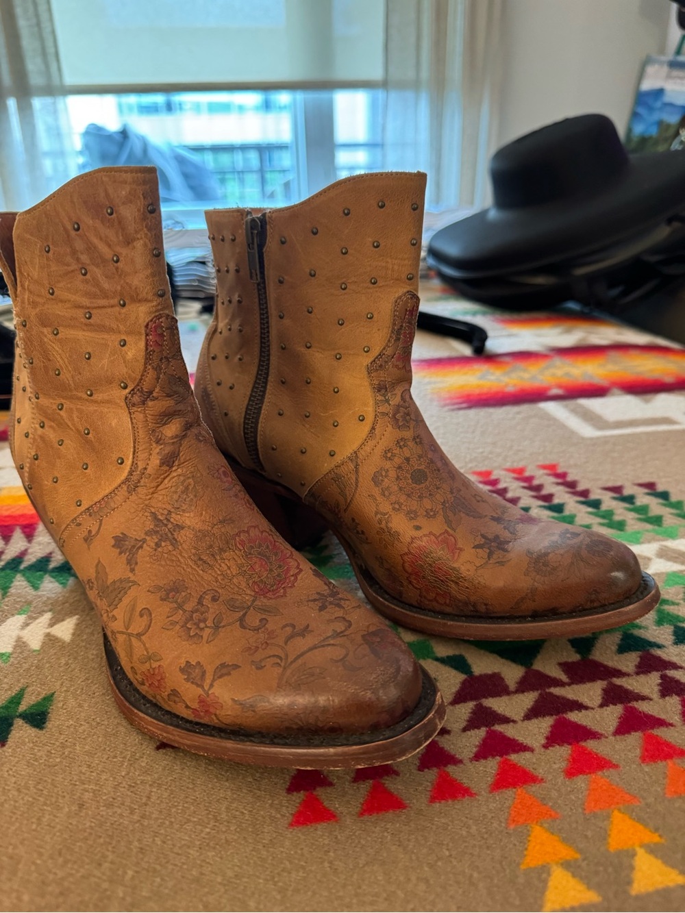 Lucchese Tan Floral-Print Studded Ankle Boots